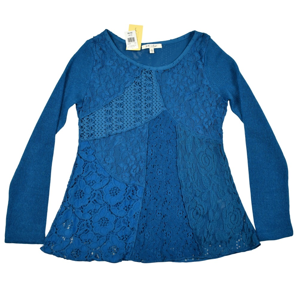 Boho Lace Crochet Blouse Mesh Top Womens Small Teal Blue Floral Sheer Romantic